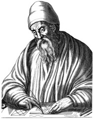 An illustration of a historical scholar with a beard, wearing a robe and a hat, who is focused on drawing geometric shapes and symbols.